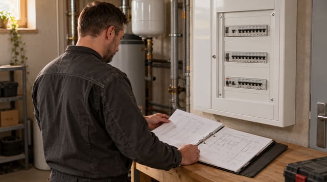 Elektrik vaatab elektrikilbi kõrval hooldusdokumente