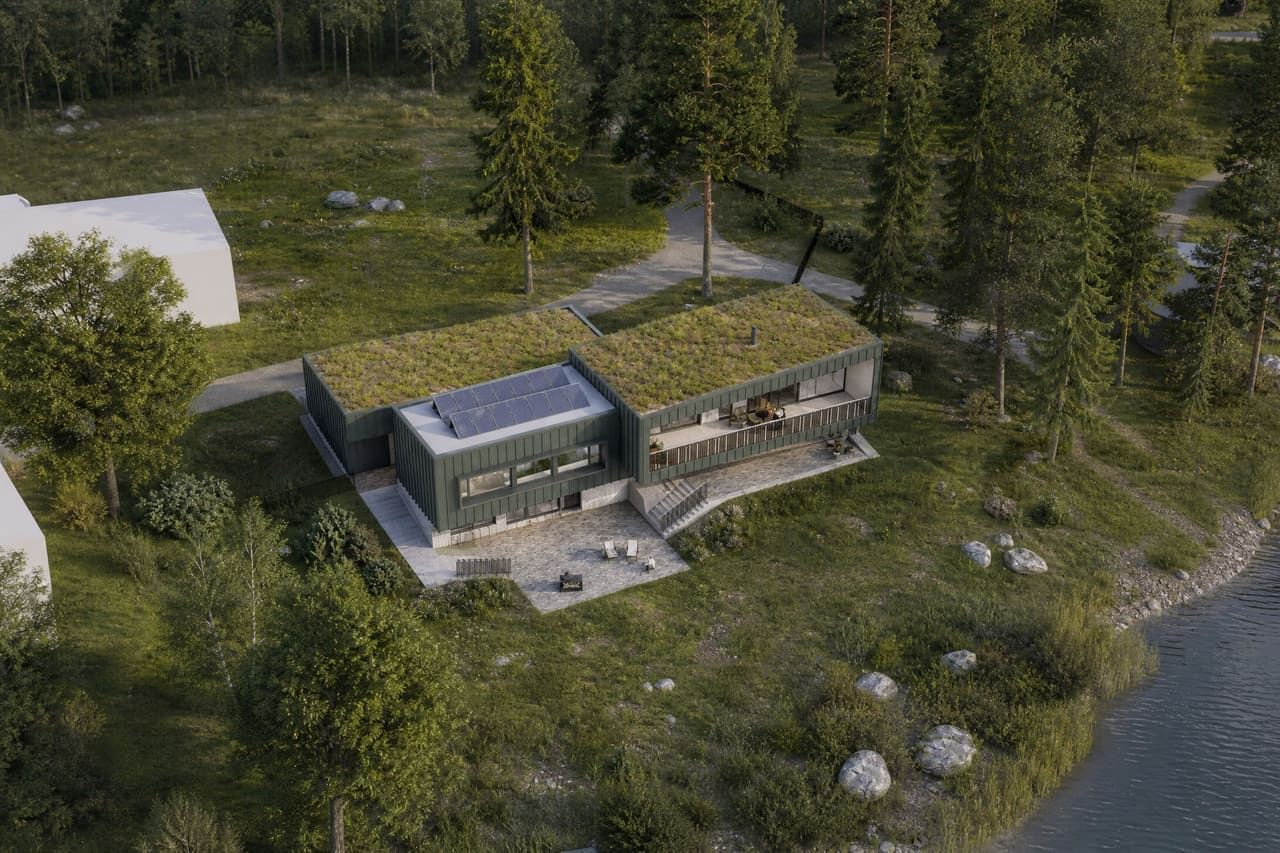 Järve Villa, Kurepalu, õhuvaade haljaskatusega, arhitektuurne visualisatsioon